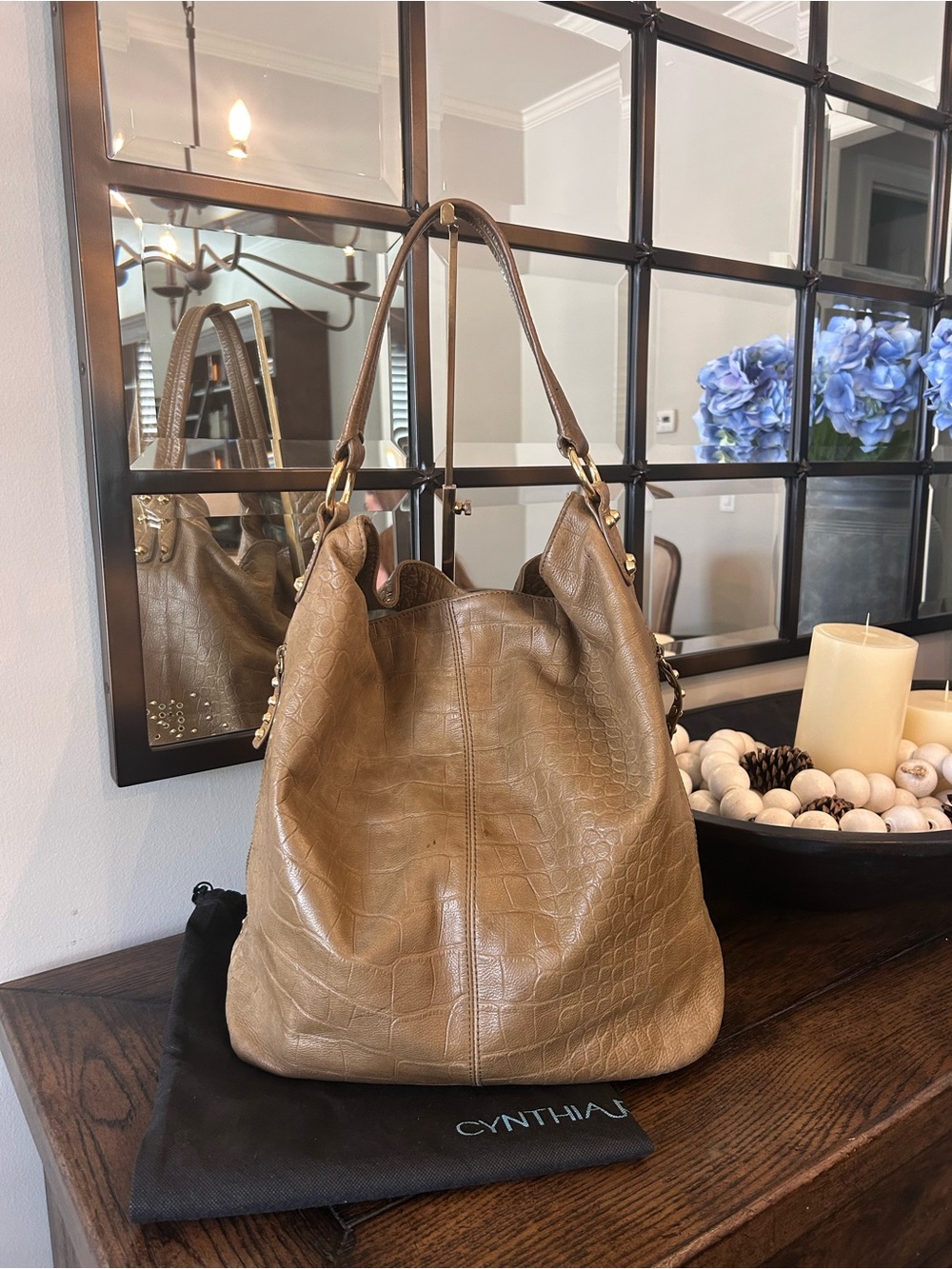 Cynthia Rowley Studded Brown Crocodile-Embossed Leather Hobo Bag - Picture 4 of 10